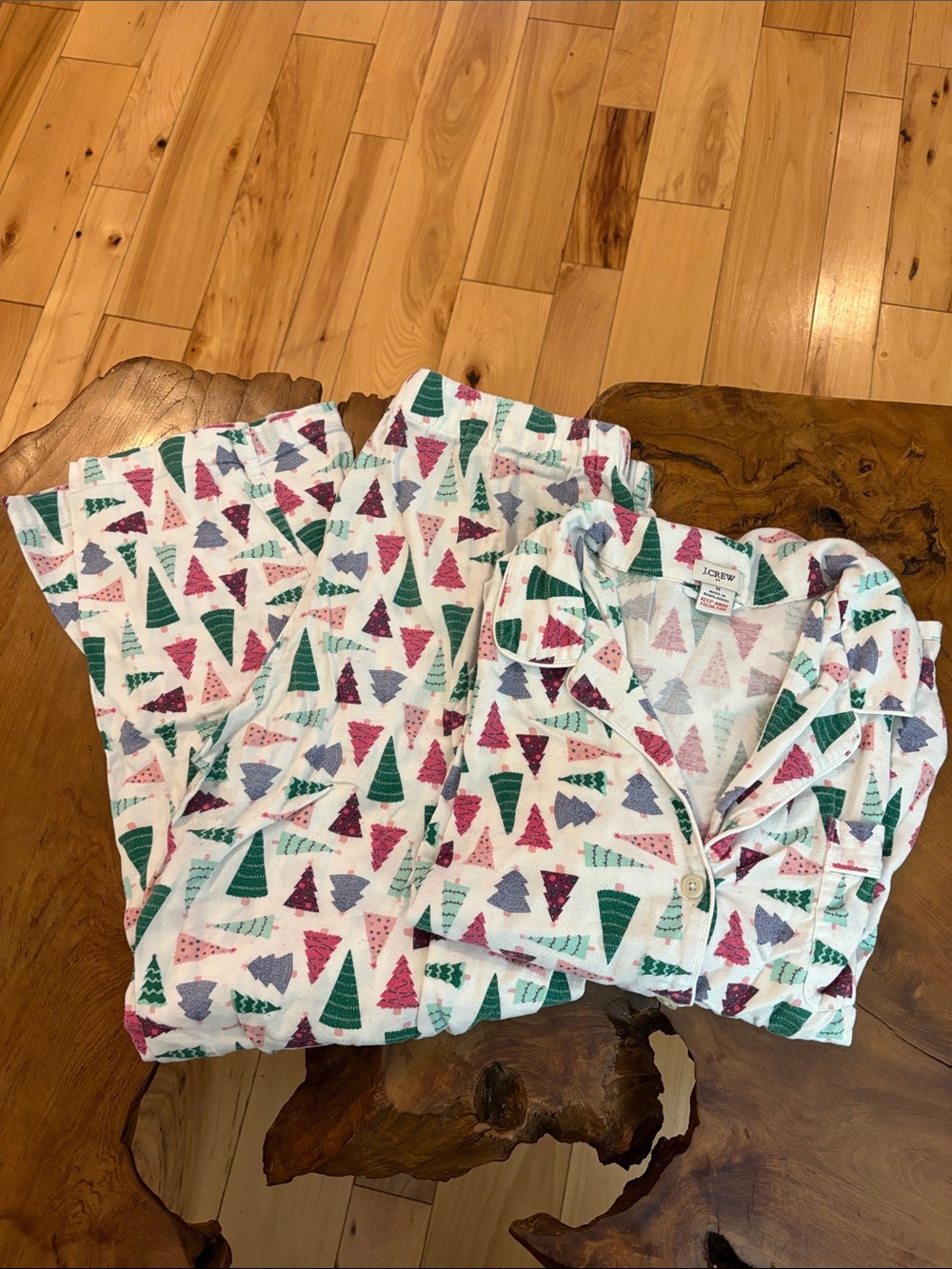 J. Crew Pajama Set in White with Pink, Green & Purple Tree Print